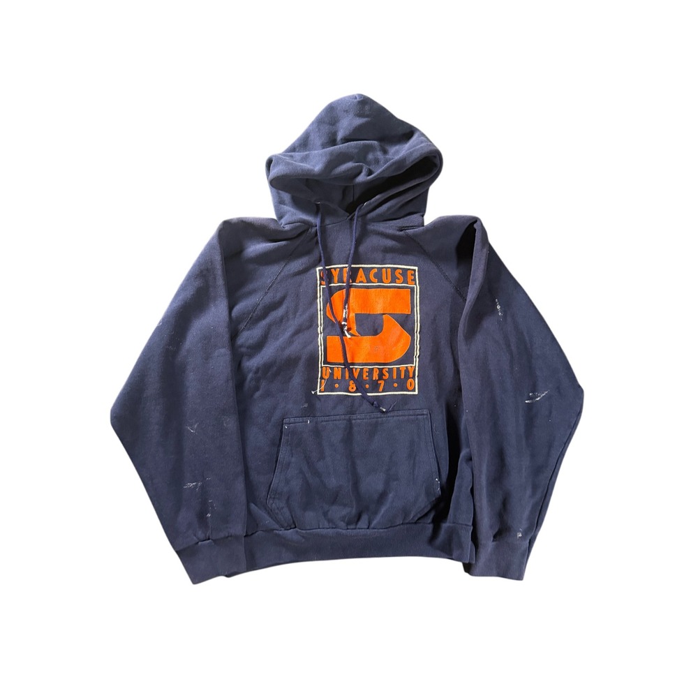 Vintage 70s Artex Syracuse University Raglan Hoodie Navy Blue Paint Splatter L